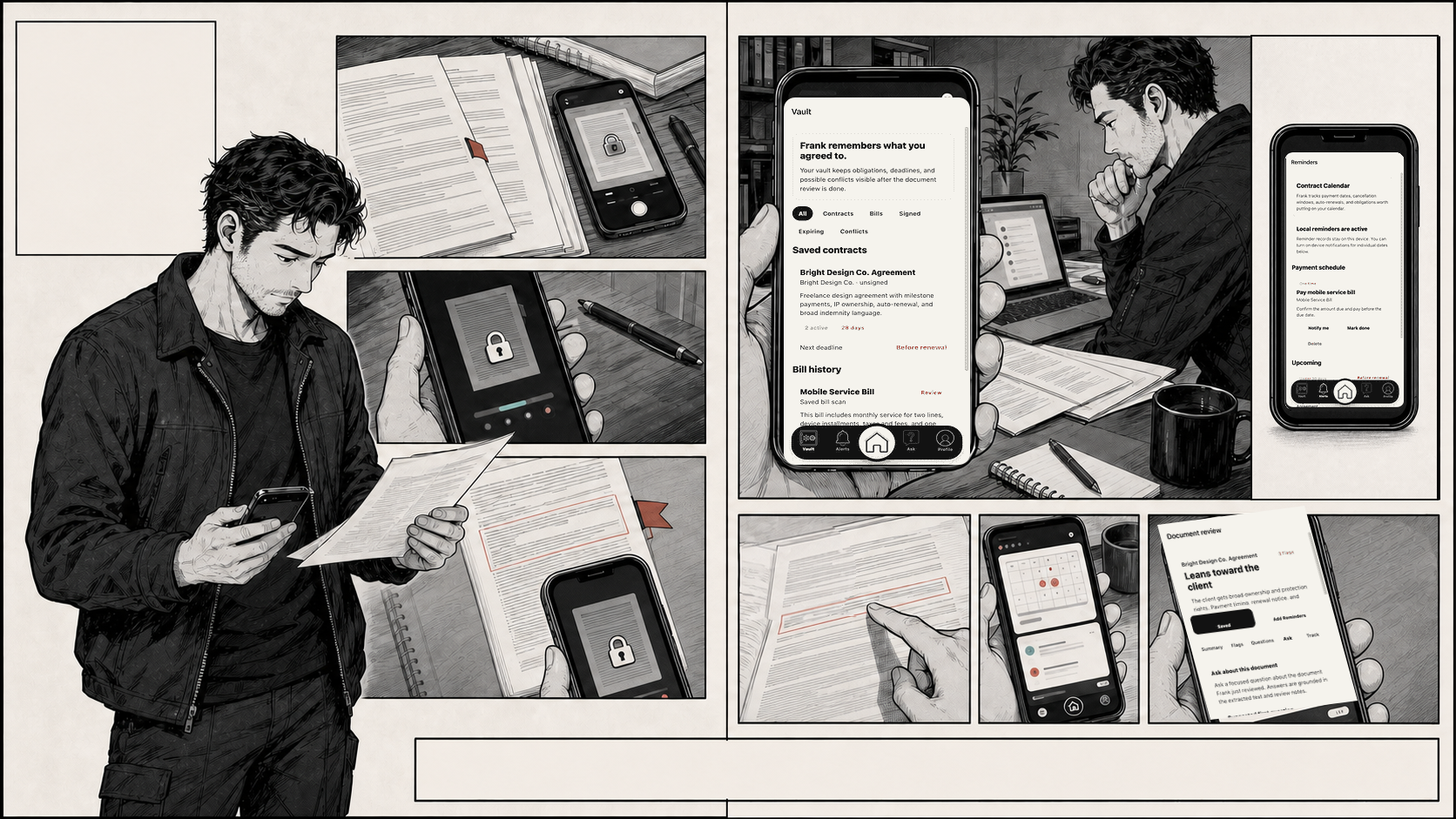 Sequential Japanese manga scenes showing Harold working through AskFrank, with recognizable project evidence inside the illustrated world.