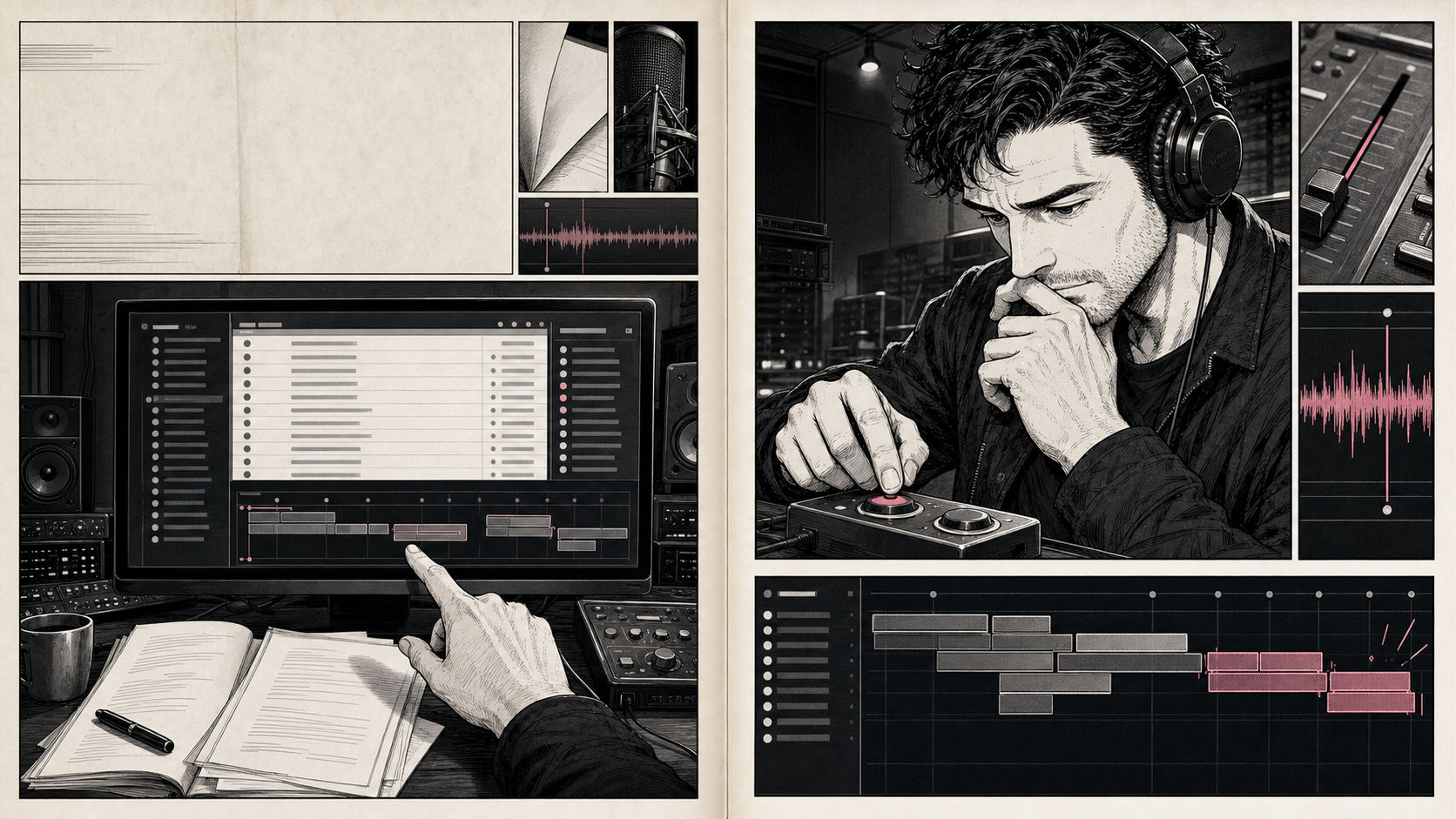 Sequential Japanese manga scenes showing Harold working through Audiobook Studio, with recognizable project evidence inside the illustrated world.