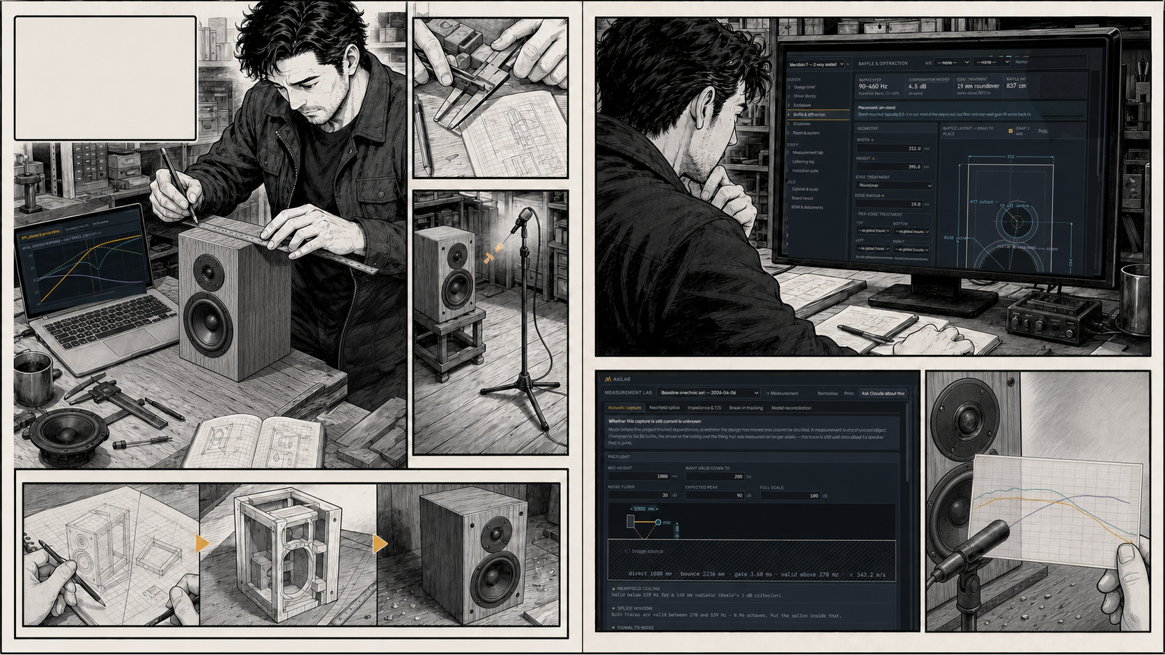 Sequential Japanese manga scenes showing Harold working through AxiLAB, with recognizable project evidence inside the illustrated world.