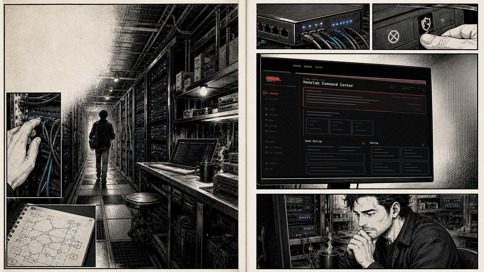 Sequential Japanese manga scenes showing Harold working through Homelab Control Interface, with recognizable project evidence inside the illustrated world.