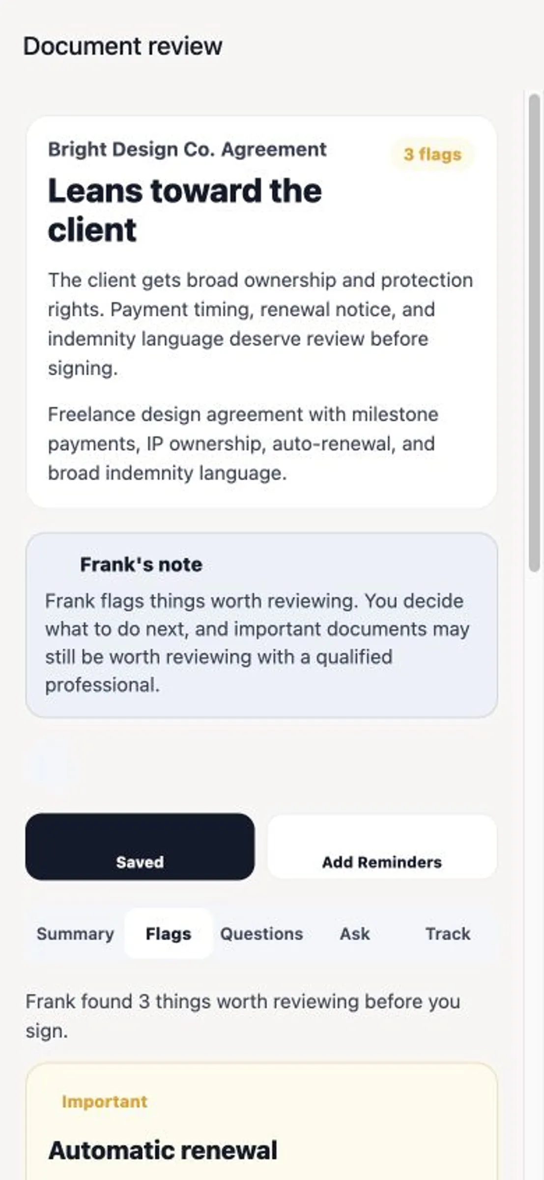 AskFrank clause review screen showing attention flags in a real product workflow.