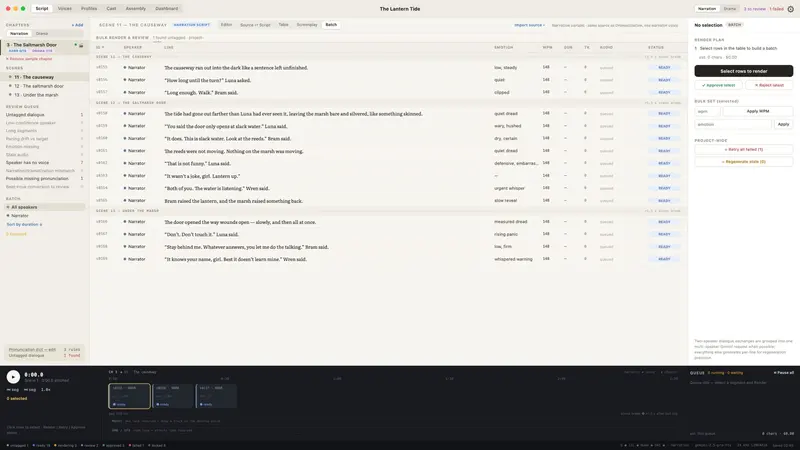 Audiobook Studio script, casting, render, and review workflow.