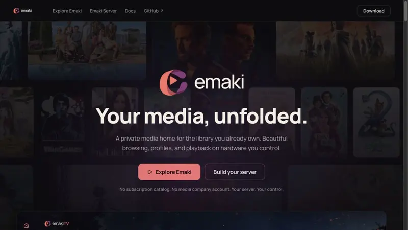 Emaki public product site showing the household media experience.