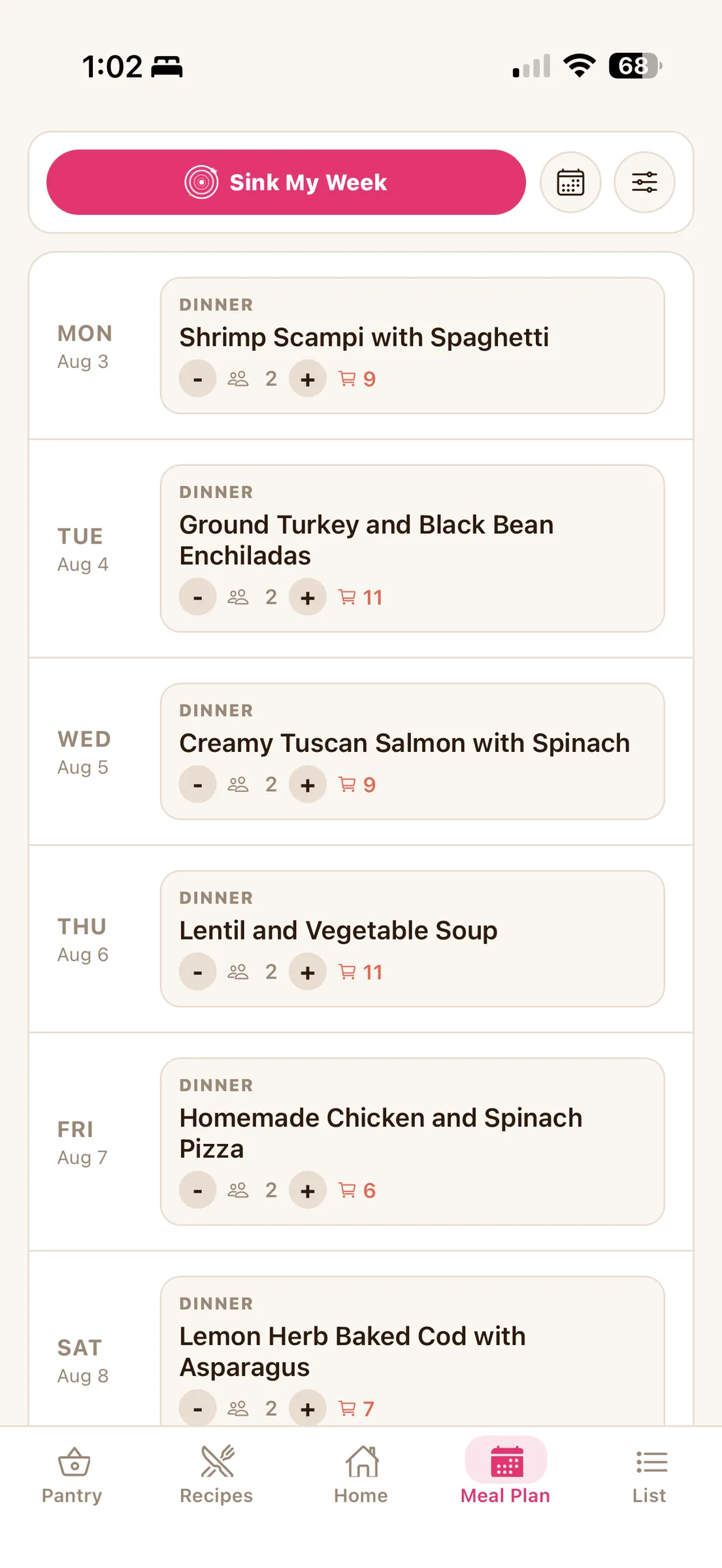 PantrySink seven-day meal-planning screen from the working product.